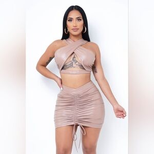 NEW! Chic Tan Ruched Mini Skirt Set